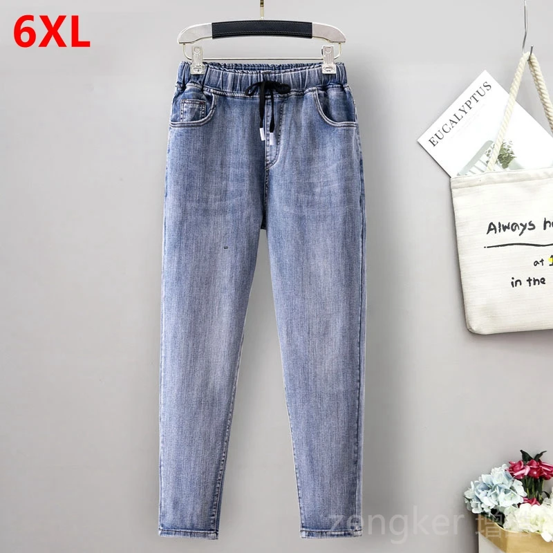 Autumn large size women\'s jeans women loose Elasticated waistband trousers plus size trousers 6XL 5XL jeans for women