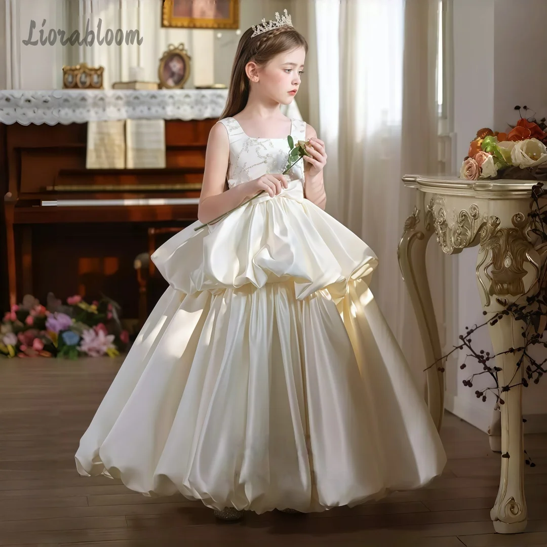 Elegante Abito a Strati per Ragazze, Vestito Lungo Stile Regina Bianco, Sontuoso Abito da Cerimonia Nuziale