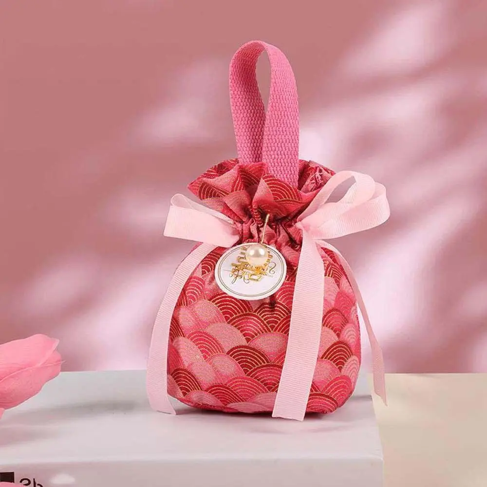 Sakura Canvas Floral Drawstring Bag Stripe Pearl Pendant Ribbon Bow Wrist Bag Bucket Bag Coin Purse Wallet Festive Sugar Bag