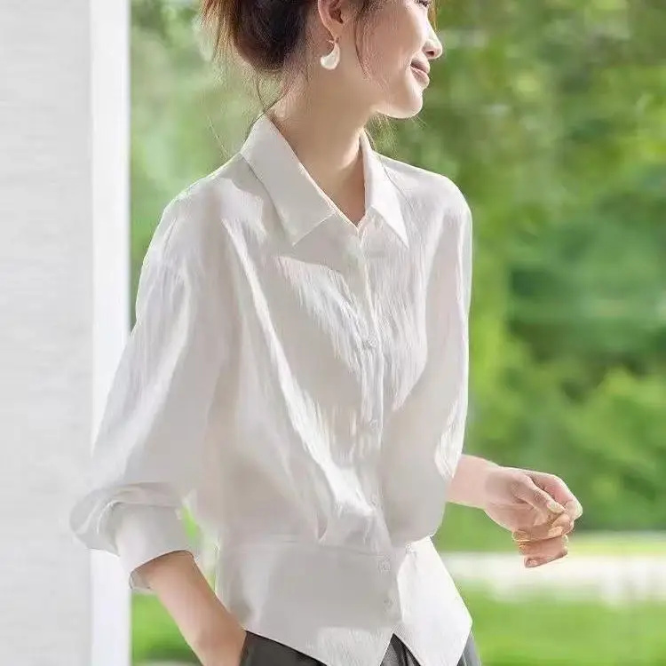 Premium Minimalist White Polo Lapel Long Sleeve Blouse Women Design Sense Slim Waist Elegant Workwear Top