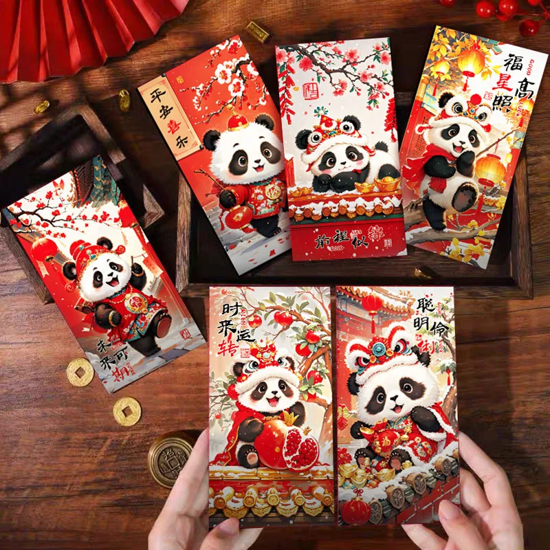 6PCS Chinese Style New Year Red Envelope Creative Cartoon Cute Panda Chinese New Year\'s Eve Wallet Greetings And Gift Giving Set