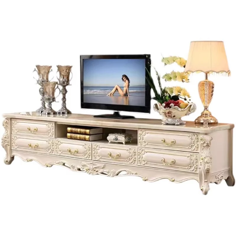 TV Cabinet Marble Solid Wood Carving Flower Oak Ivory White Floor Cabinet