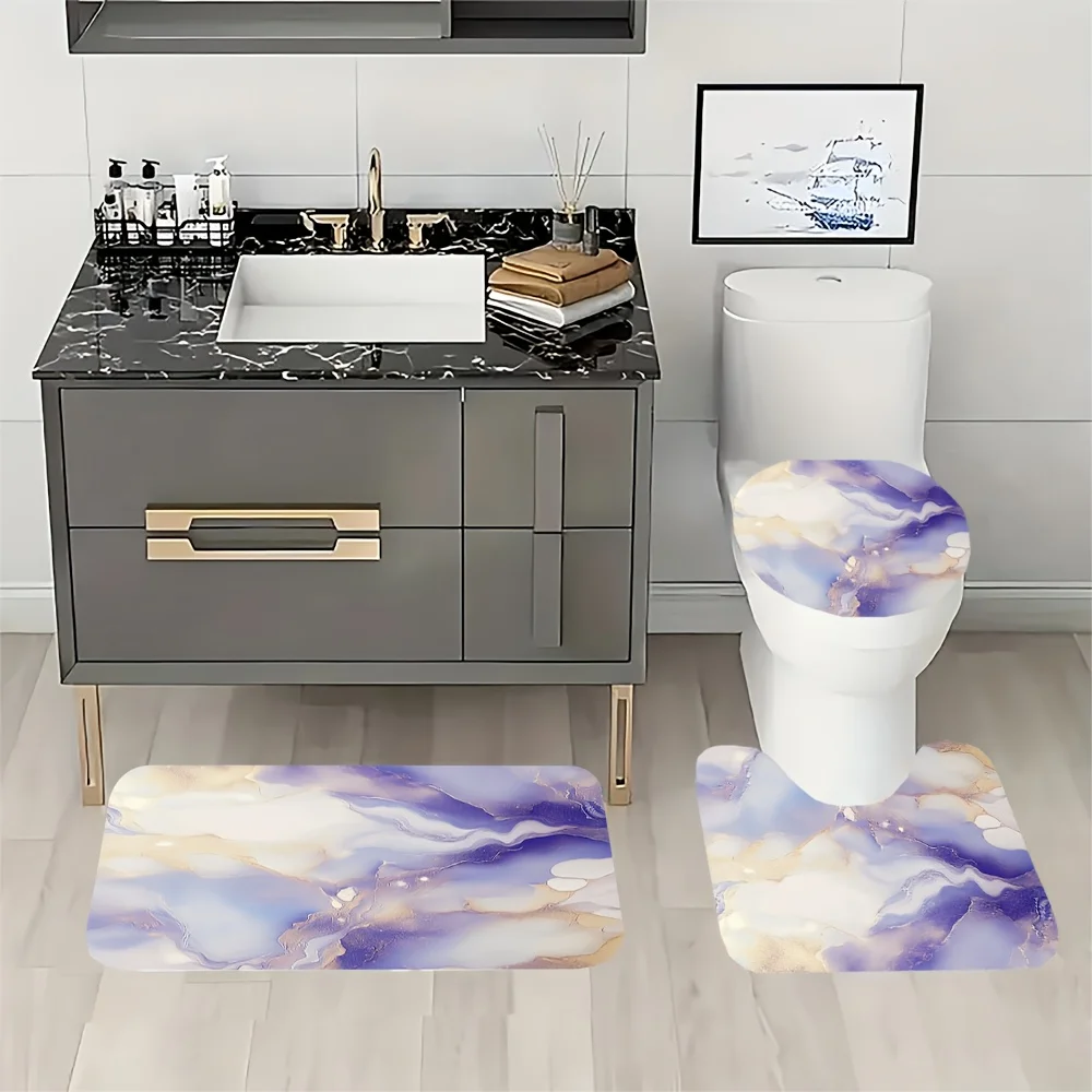 4-piece abstract fluid art pattern bathroom set, including shower curtain, bathroom mat, U-shaped mat, and toilet mat.