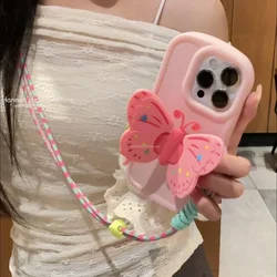 Korea Cute 3D Butterfly Holder Stand Phone Case For iPhone 15 14 13 11 12 Pro Max Plus X XR Crossbody Strap Lanyard Rope Cover