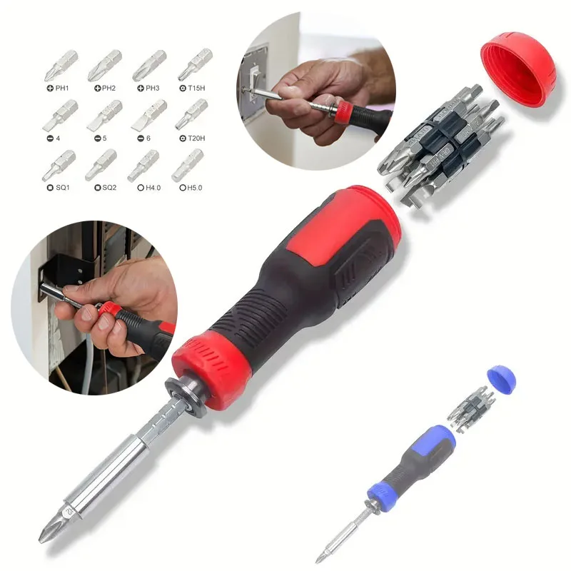 

13 In 1 Multi Adjustable Ratchet Screwdriver Set Repair Tools With Torx Safety Flat Head Phillips Hex Square And 1/4 Nut Drivers