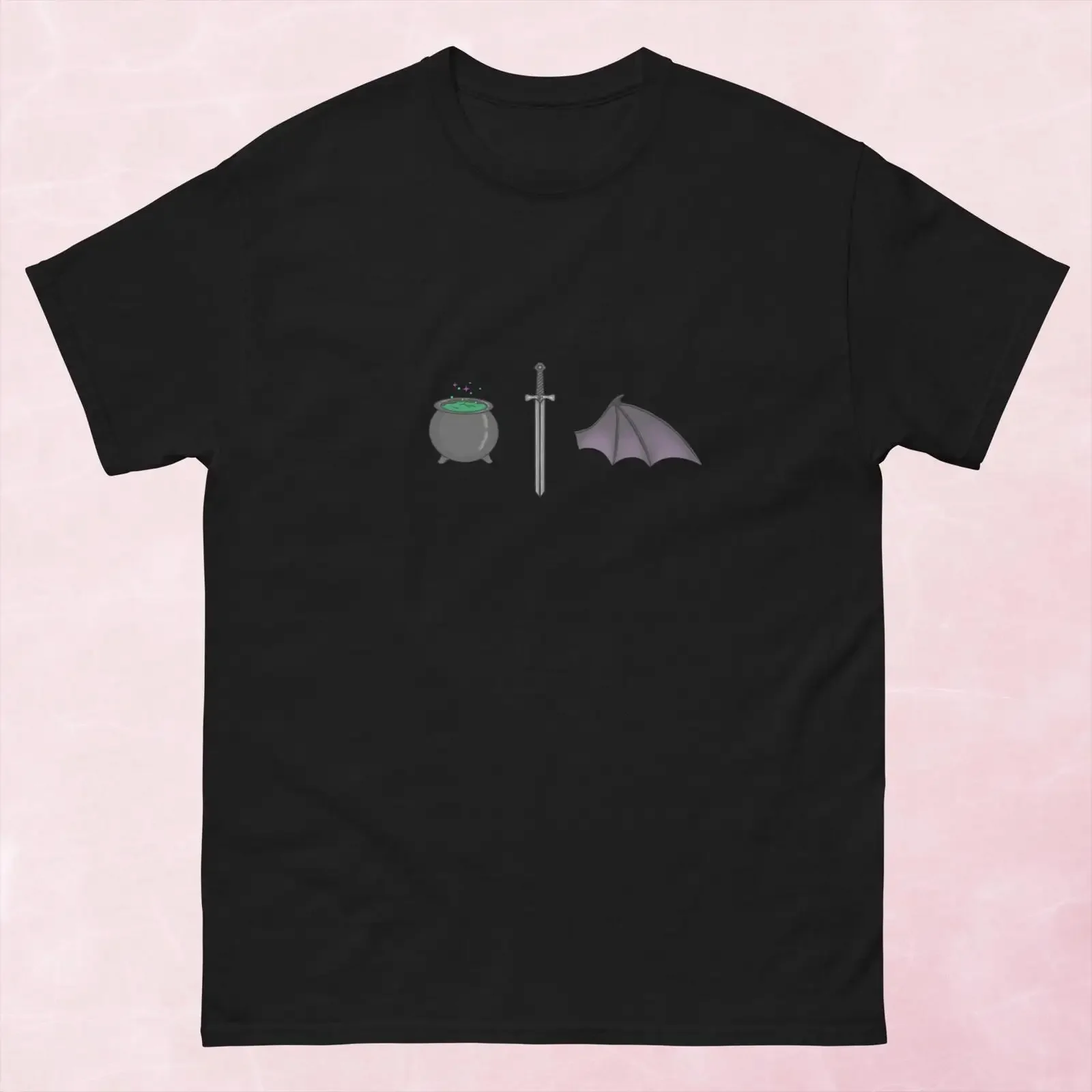 Fantasy Cauldron Sword Bat Wing T Shirt vintage Washed designer clothes Unisex Casual streetwear Top For Everyday Wear Slightly