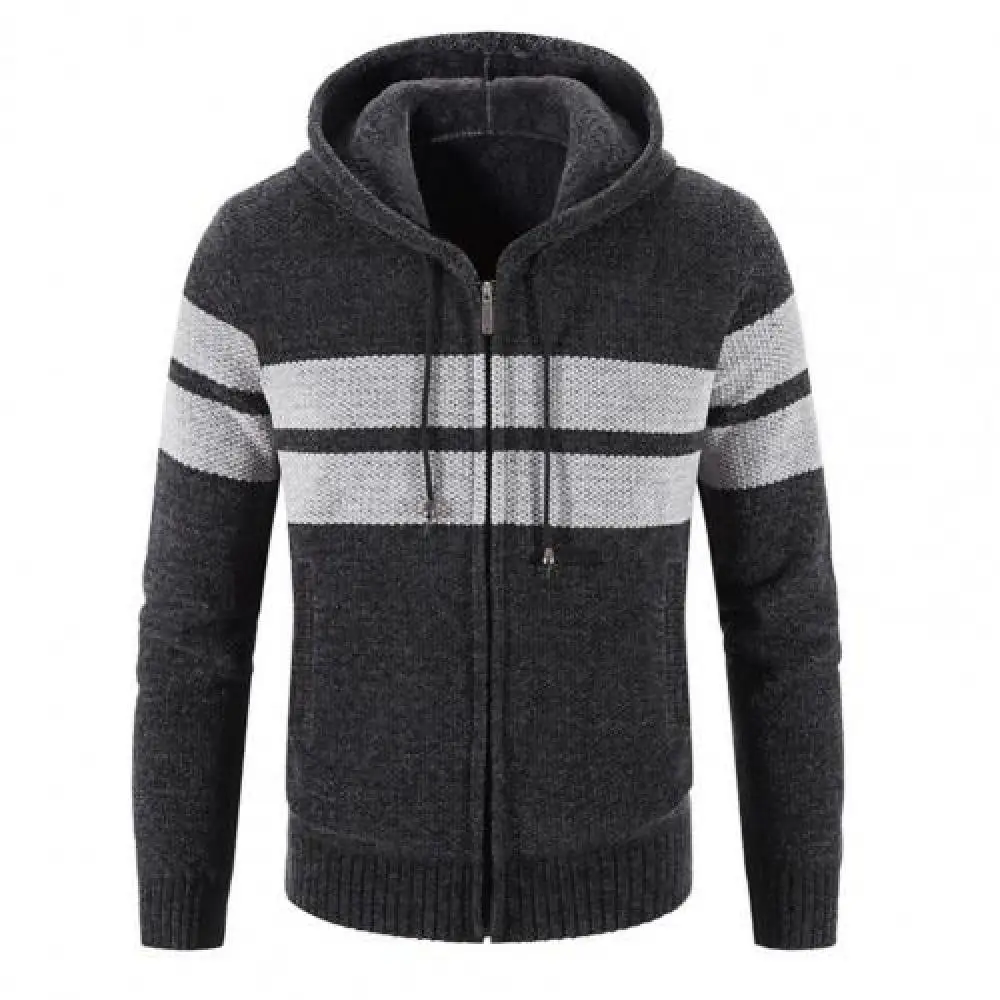 New Winter Cardigan Men Fashion Striped Hooded Sweater Jackets Casual Mens Thick Warm Knitting Cardigan Sweatercoat Men Clothing