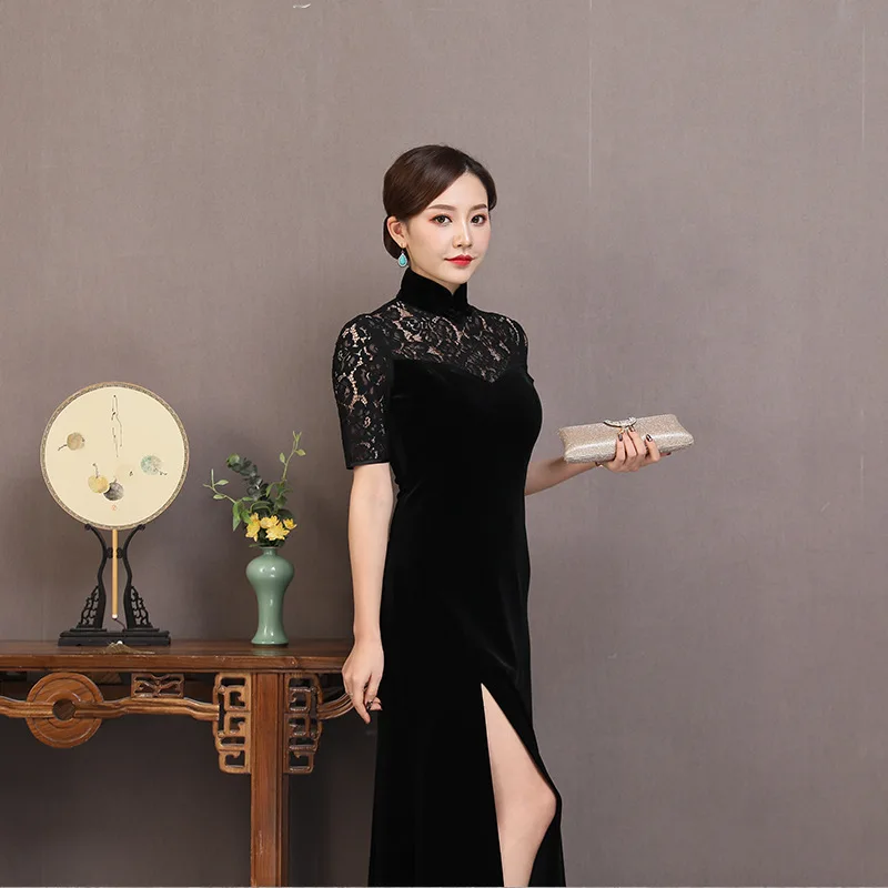 New Elegant Dress Women's Velvet Long Cheongsam Retro Chinese Style Performance Activity