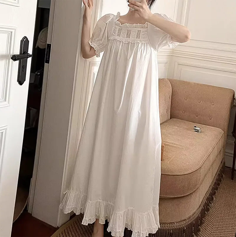 Unikiwi Vintage Women Sleepwear Princess Dress Royal Style Lace Square Collar Nightgowns.Puff Sleeves Long Nightdress Nightie