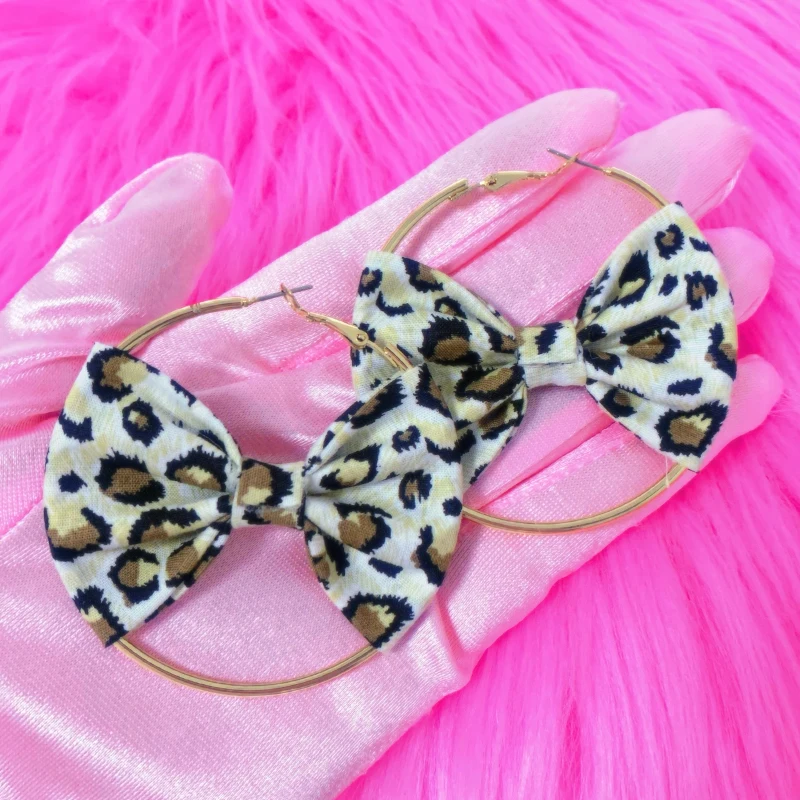 Y2K Earrings Leopard Print Bowknot Hoop Earrings Sexy Accessories Vintage Pink Earrings Women Korean Fashion Kawaii Jewelry