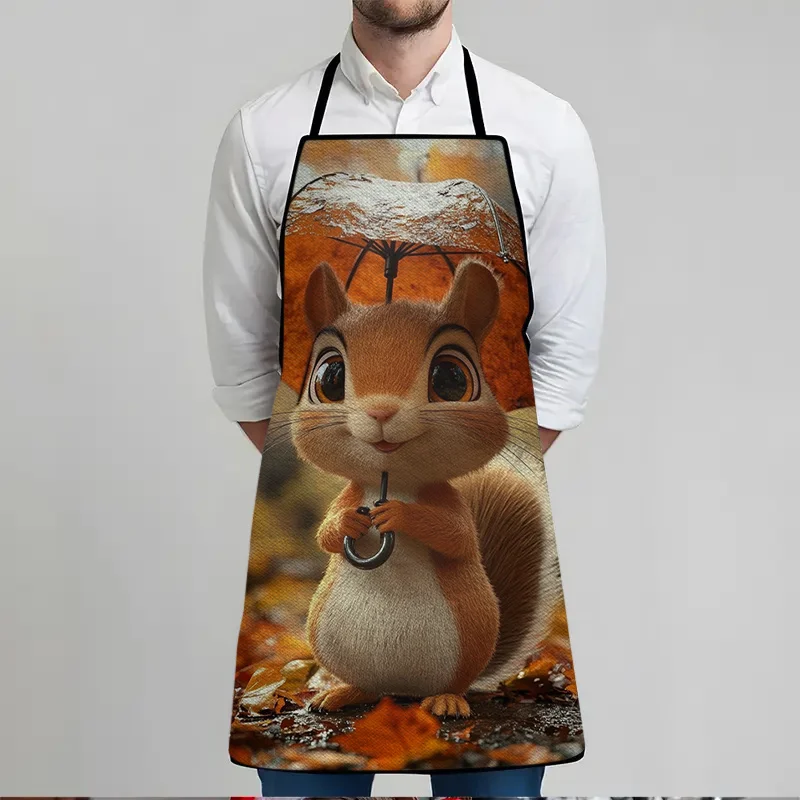 1pc Large Kitchen Apron Cute Autumn Squirrel in Orange Umbrella Design Heavy-Duty Polyester Cooking Apron for Home Thanksgiving