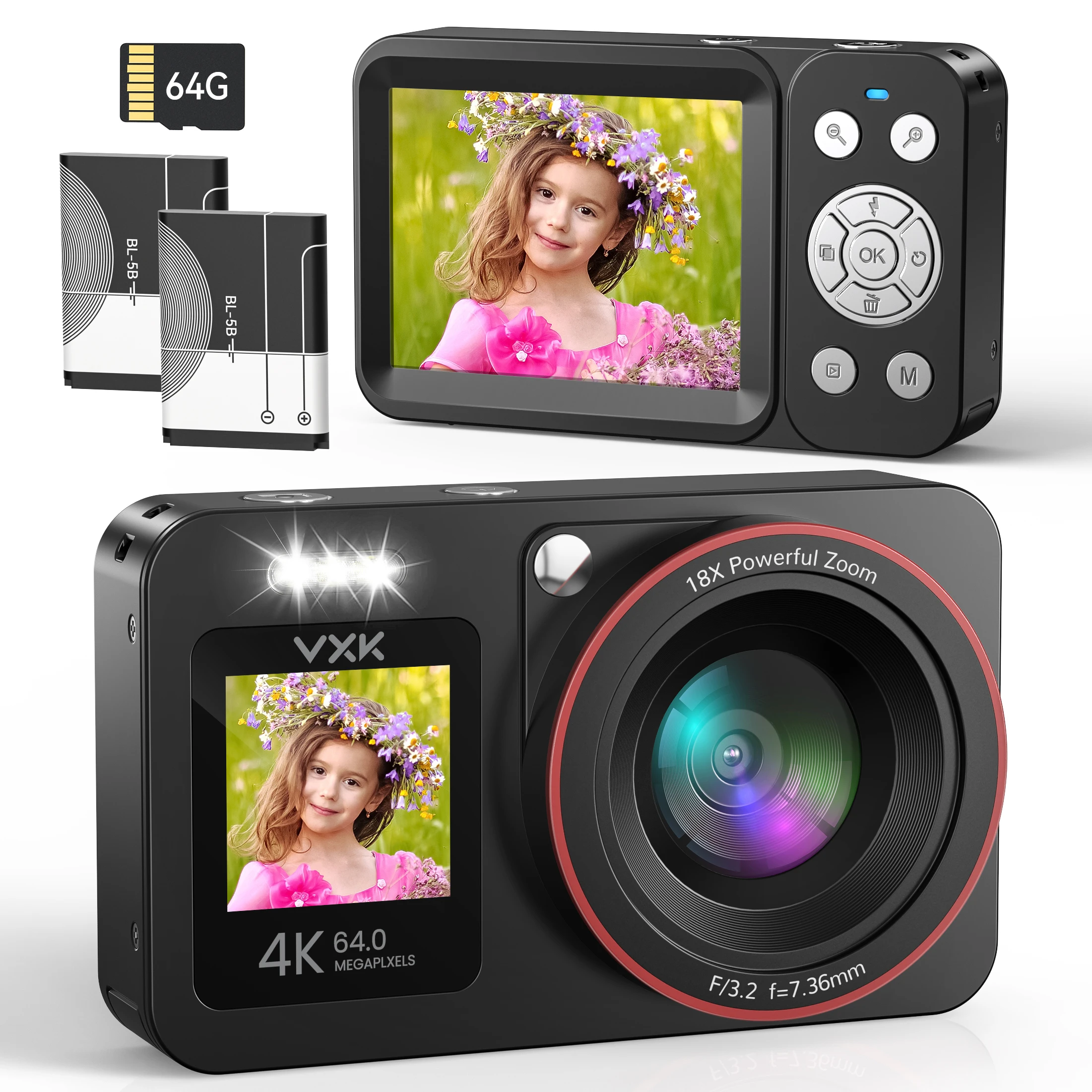 Digitale Kinderkamera 4K 64MP mit Dualbildschirmen, 64GB SD-Karte, 2 Akkus, 18-fach Zoom, Anti-Shake, Tragbare Aufladbare Selfie-Kamera