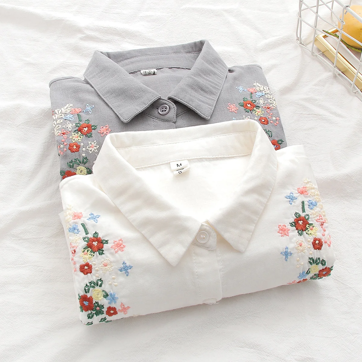 Korean style clothes cotton yarn tops for women 2025 spring ethnic floral embroider shirts long sleeve tops Korean blouses