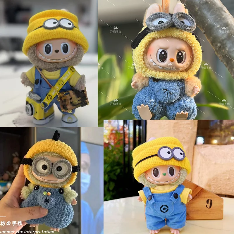 

Cartoon 17cm Labubu Clothes Minion Overalls Suit Cute Glue Doll Knitted Hat Canvas Shoes Diy Clothes Accessories Gift