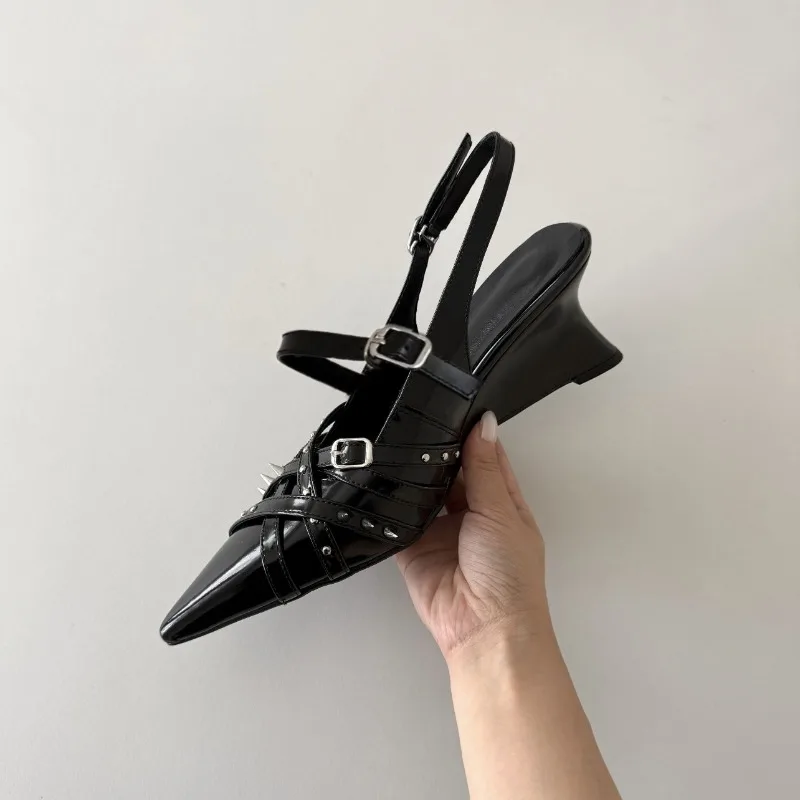 Women's Sandals Fashion Rivet Wedge Sandals 2026New Pointed Tip Black High Heels for Women High Heel Sandals Sandálias Femininas