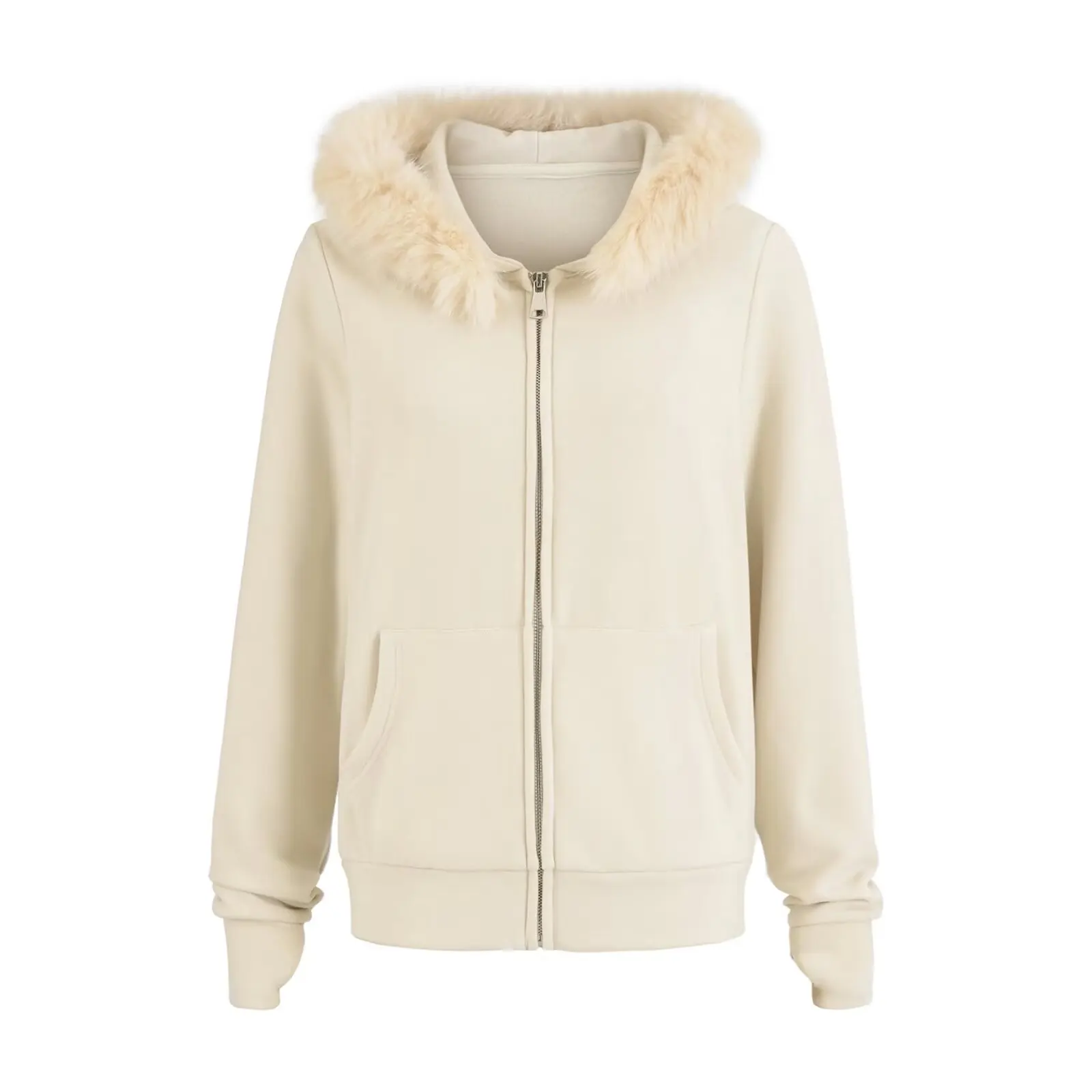 Ladies Casual Style Hooded Zipper Jacket Removable Fur Collar Sweatshirt Loose Fit Autumn Winter Versatile Open Cardigan Coat