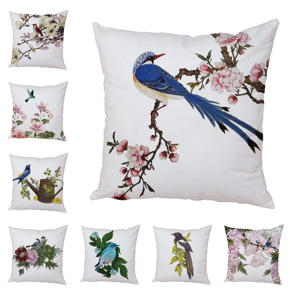 Peach Skin Watercolor Lovely Birds Flower Robin Tit Finch Goldfinch Sparrow Berries Tufted Cushion Cover Pillow Case