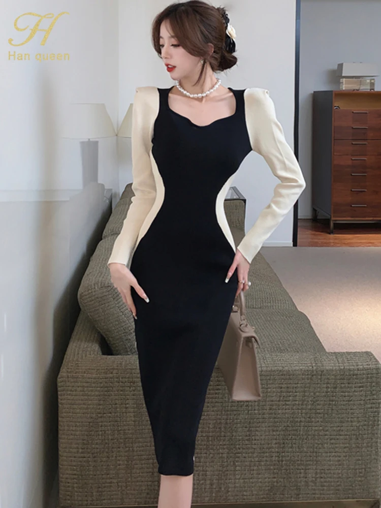 H Han Queen Autumn Winter Office Pencil Knitted Dress Women Bottoming Sheath Dresses Fashion Color Blocking Bodycon Vestido