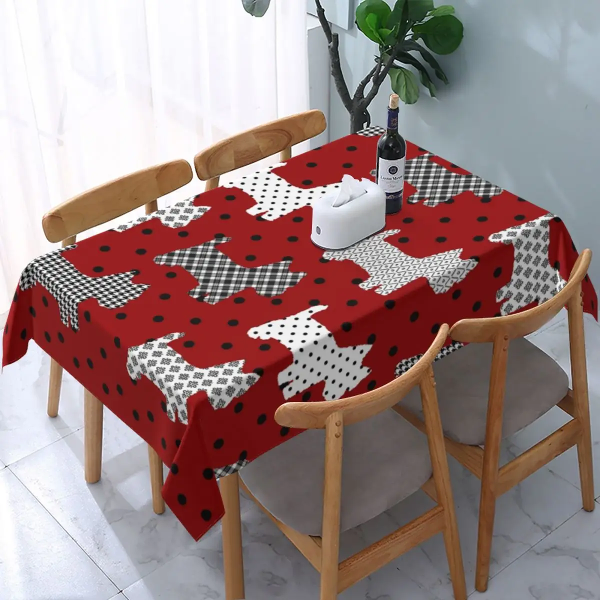 Rectangular Westies Polka Dot Cartoon Pattern Tablecloth Backed Edge Table Cover West Highland White Terrier Dog Table Cloth