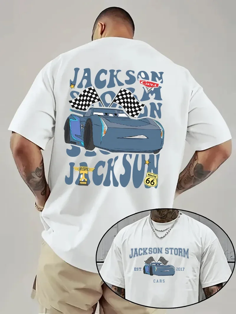 أنيمي سيارة فيلم البرق ماكوين تي شيرت مطبوع الرجال النساء جاكسون العاصفة سباق مضحك تصميم حفلة عيد ميلاد الصيف المحملة القمم