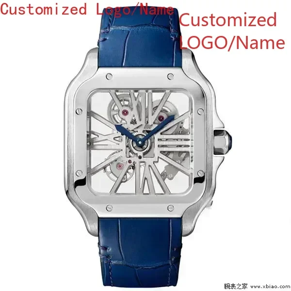 Модные часы Кварцевые полые часы из нержавеющей стали Синие кожаные квадратные наручные часы Мужские по индивидуальному заказу