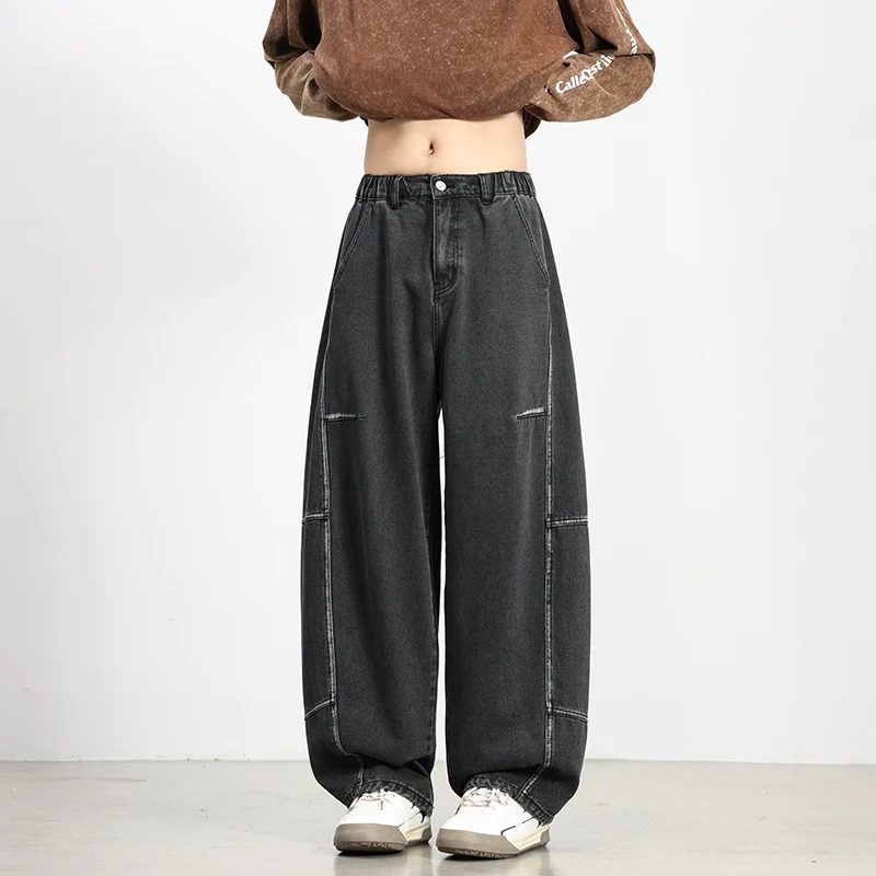 

Мужские джинсы весной и осенью, модные повседневные длинные брюки с широкими штанинами в стиле ретро, свободные потертые повседневные длинные брюки с завязками