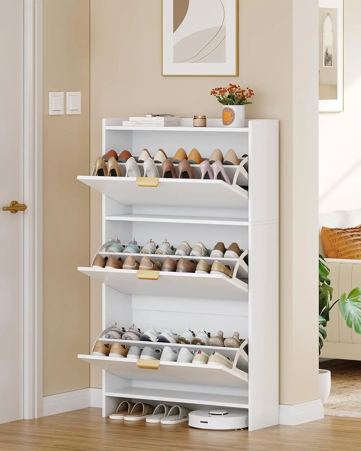 Narrow Shoe Cabinet 3 Flip Drawers Adjustable Shelves 18-24 Pairs Storage Gold Handles Entryway White, Customized