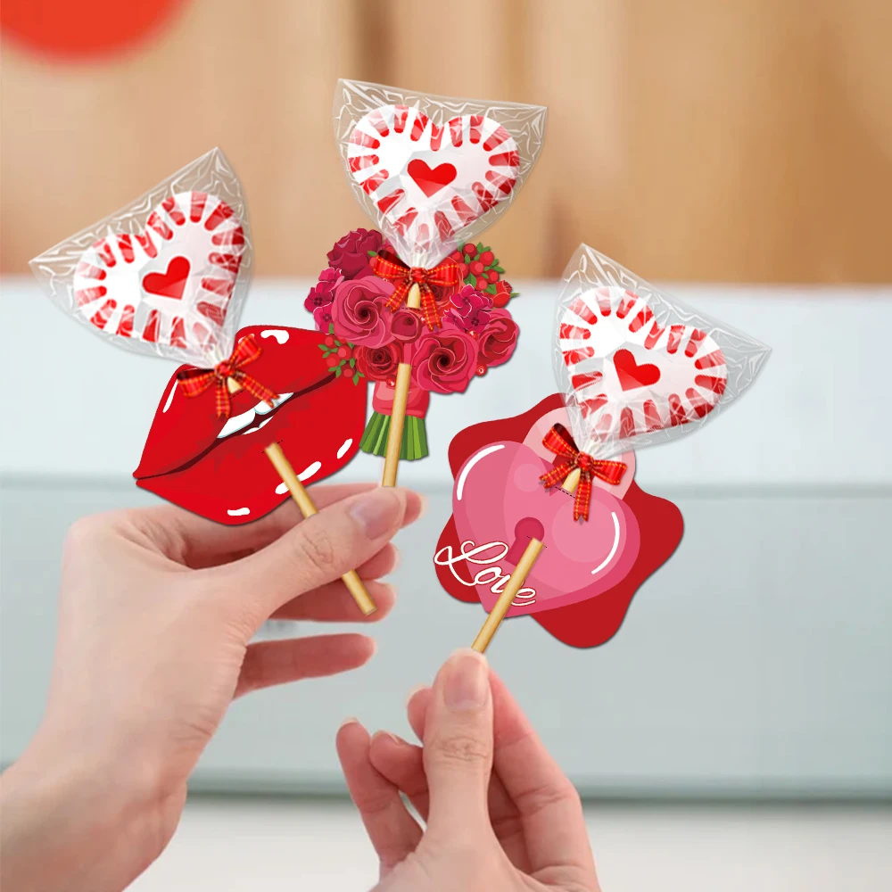 8/16/24pcs Valentine's Day Lollipop Paper Card Red Heart flowers bear shaped DIY Wrapping Candy Holder Wedding Valentines Decor