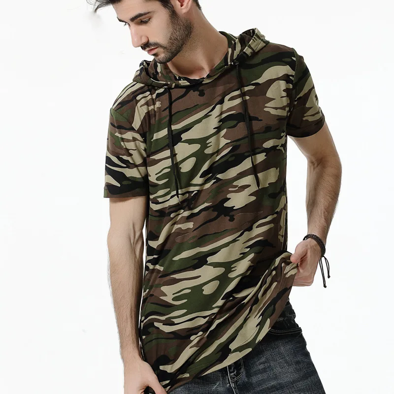 MRMT 2024 Brand New Men's Plus Size T-Shirt Undershirt Men's Short Sleeve Hooded Camouflage Mid Length Bottoming Shirt