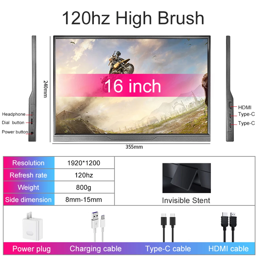 شاشة محمولة 16 بوصة 100% sRGB 120 هرتز شاشة كمبيوتر محمول للألعاب مع نوع C Mini HDMI للكمبيوتر الشخصي Steam/Deck/Switch/PC/Mac/Xbox PS4/5