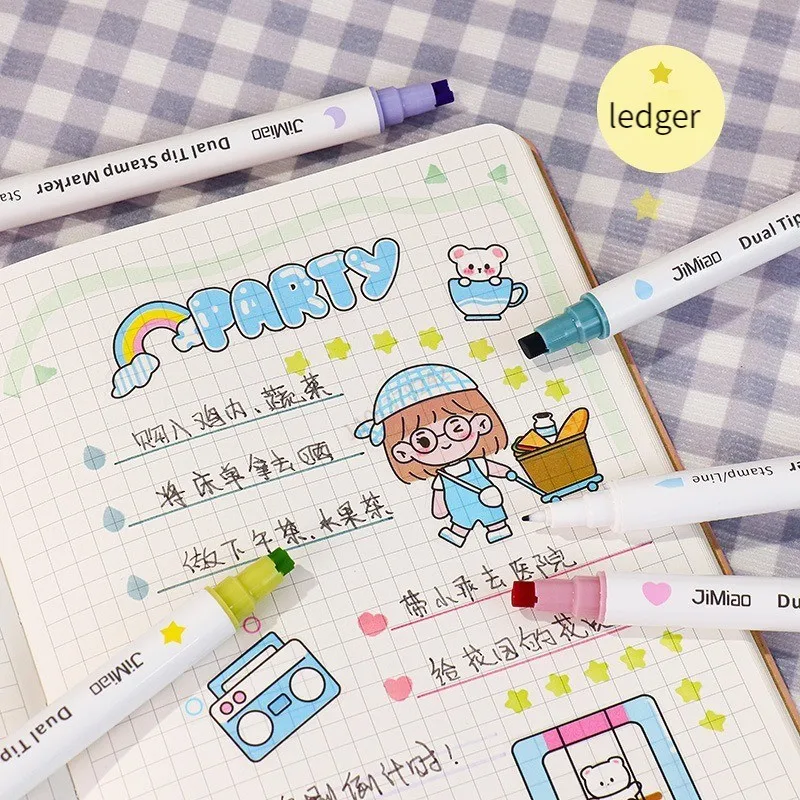 6 Colors Stamp Double Headed Art Markers Highlighter Pen Star/Heart/Moon/Drop/Square for Scrapbook Diary Poster Christmas Card