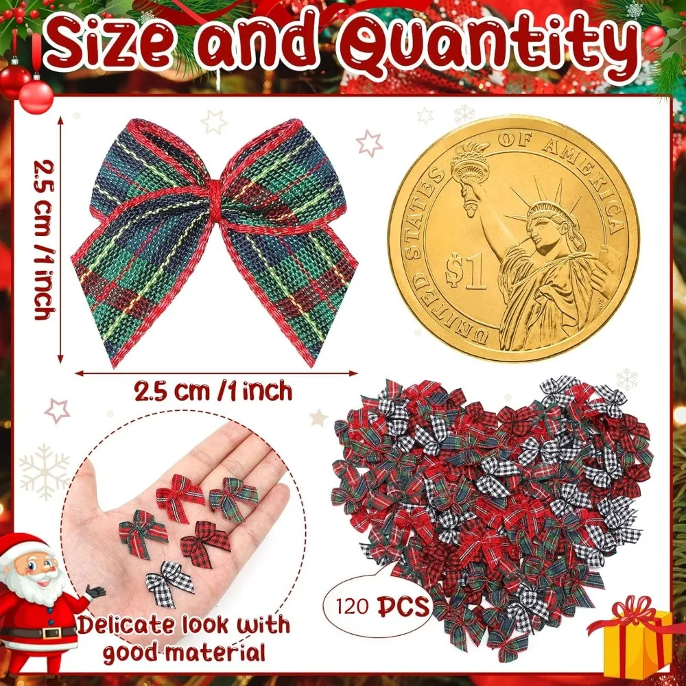 50/100/150pcs Christmas Mini Ribbon Bow Tiny Christmas Ornament for Home Xmas Tree Wreath Appliques Gifts Sewing DIY Craft Decor