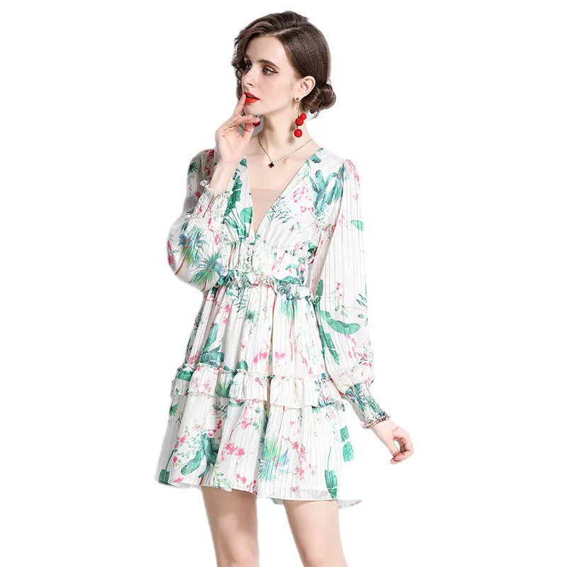 V-Neck Printed Swing Dress New fashion 2024 Early Spring Women's Clothing Ruffles Long Lantern Sleeve elegant dresses