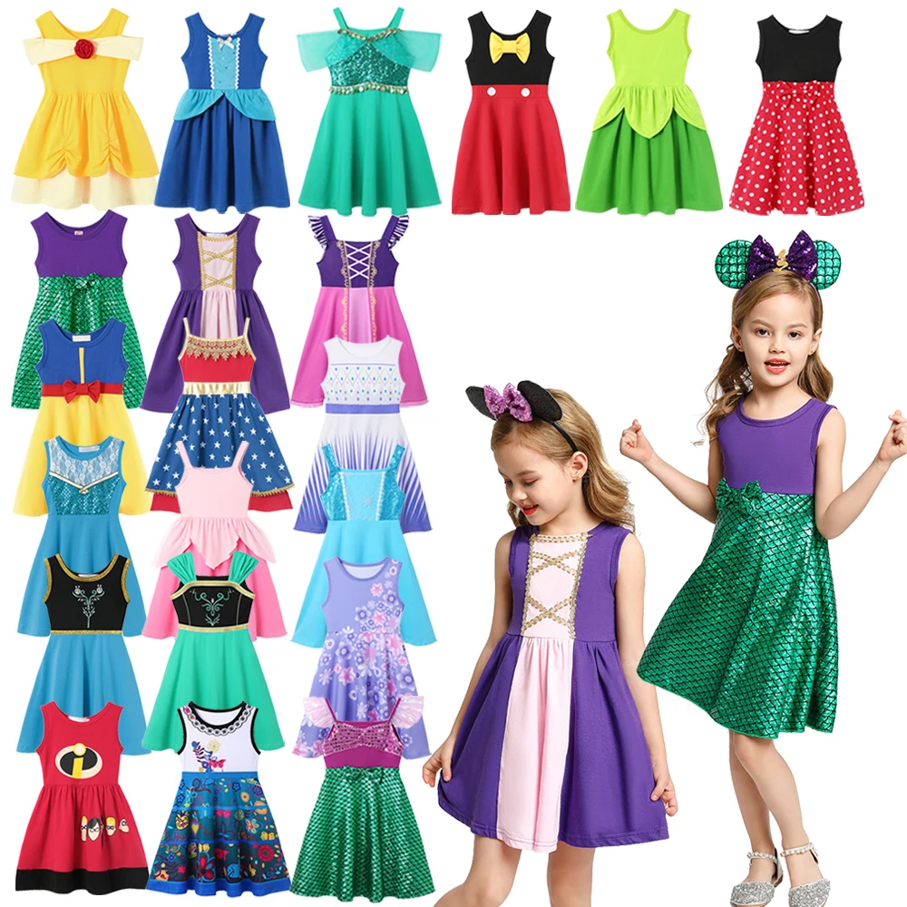 Disney Girls Daily Summer Dress Encanto Isabela Mirabel Dress Anna Elsa Princess Jasmine Cute Casual Costume Kids Cotton Dress