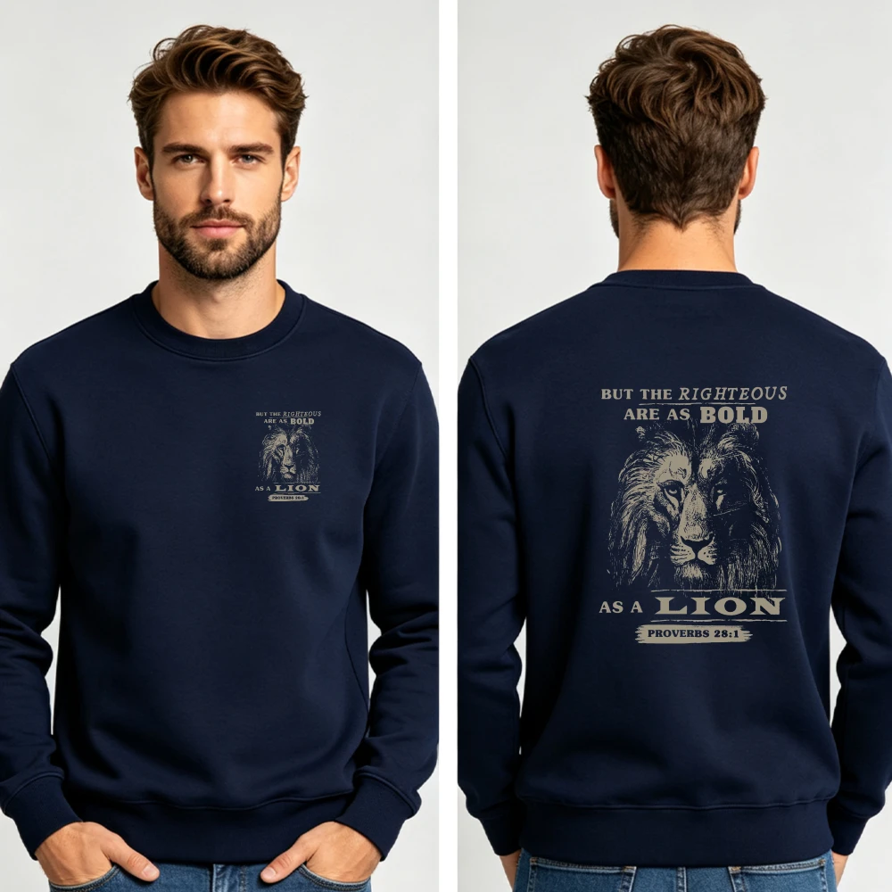 Bold As A Lion Proverbs Bible Verse Crewneck Sweatshirt Retro Lion Print Double Sided Christian Religious Unisex Pullover Sweat