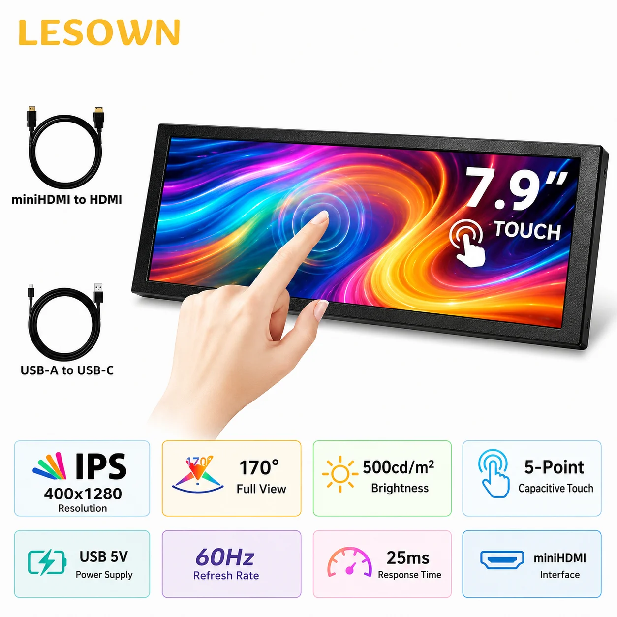 LESOWN Black Aluminum Monitor 7.9 No Driver miniHDTV PC Case Mod CPU Temp Sensor Screen AIDA64 Hardware Monitor Touch Display