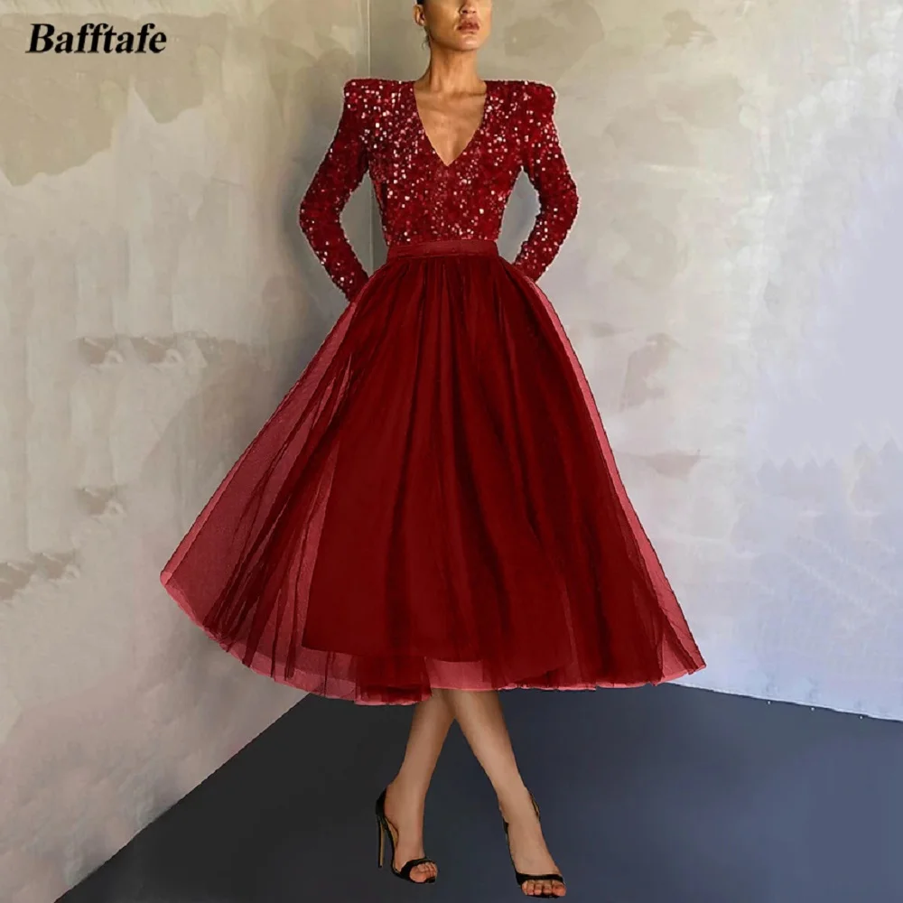 Customized Dark Red Sequines Tulle Prom Dresses Long Sleeves Deep V-Neck Midi Women Formal Party Gowns Special Occasion Dress