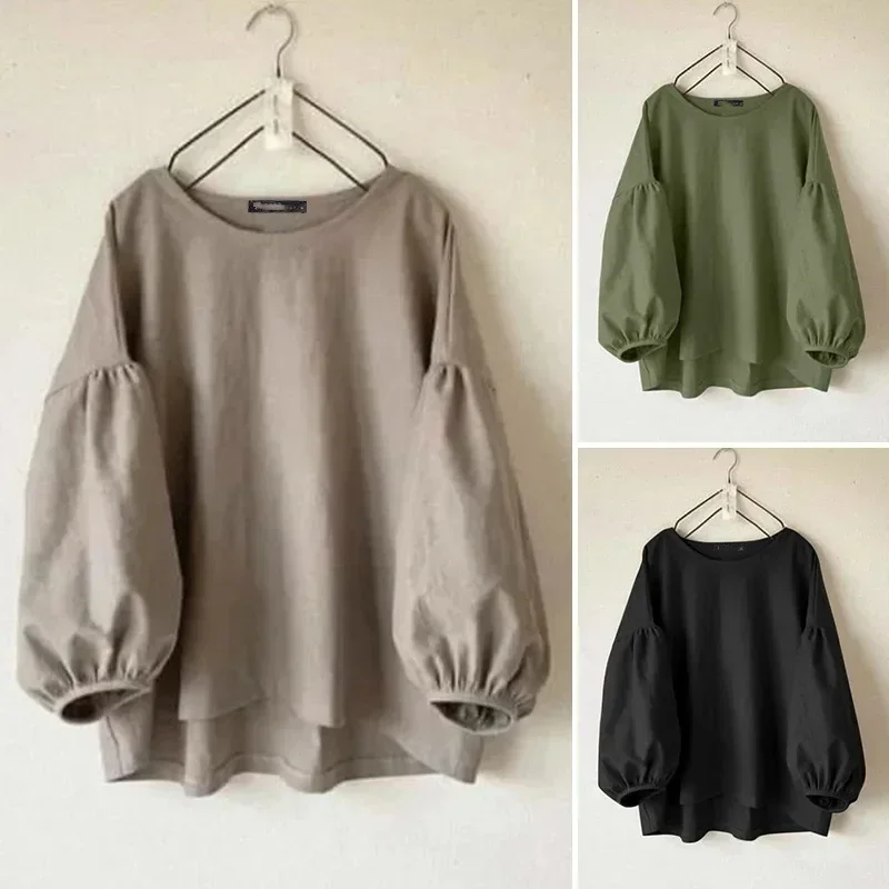 

Elegant Work Shirt round Neck Long Sleeve Women's Casual Loose Shirt Vintage Style Pure Color Waist-Cinching Shirt