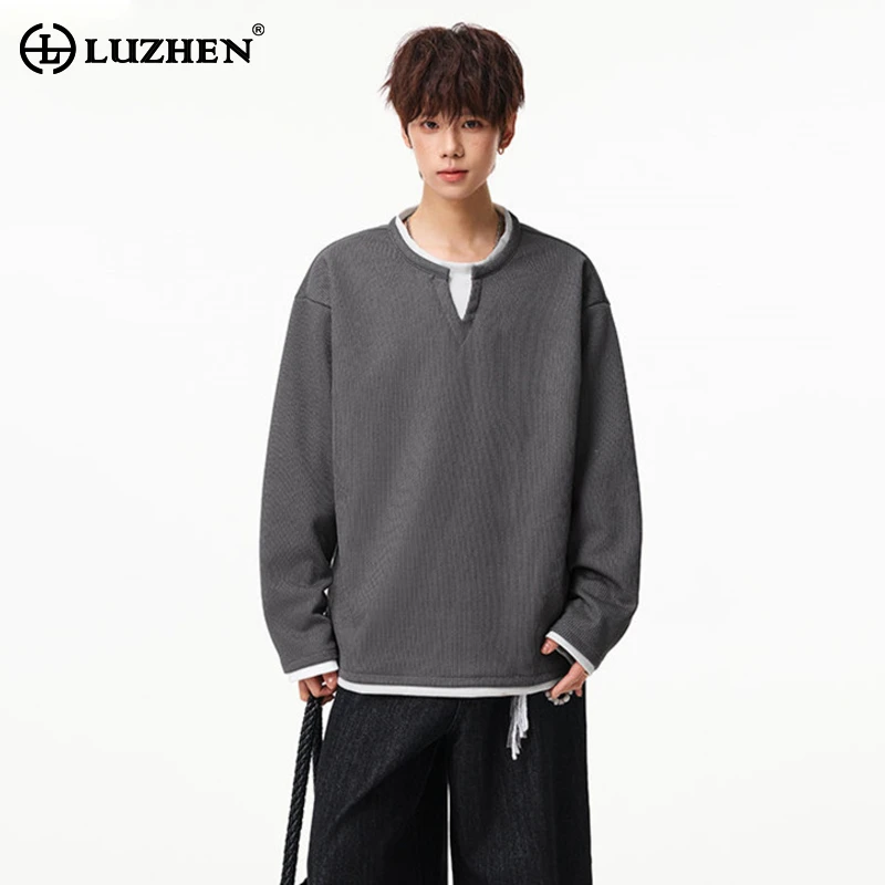 LUZHEN 2026 Autumn New Original Fake Two Piece Design Long Sleeve T-shirts Men's Korean Trendy High Quality Casual Tops JY8371