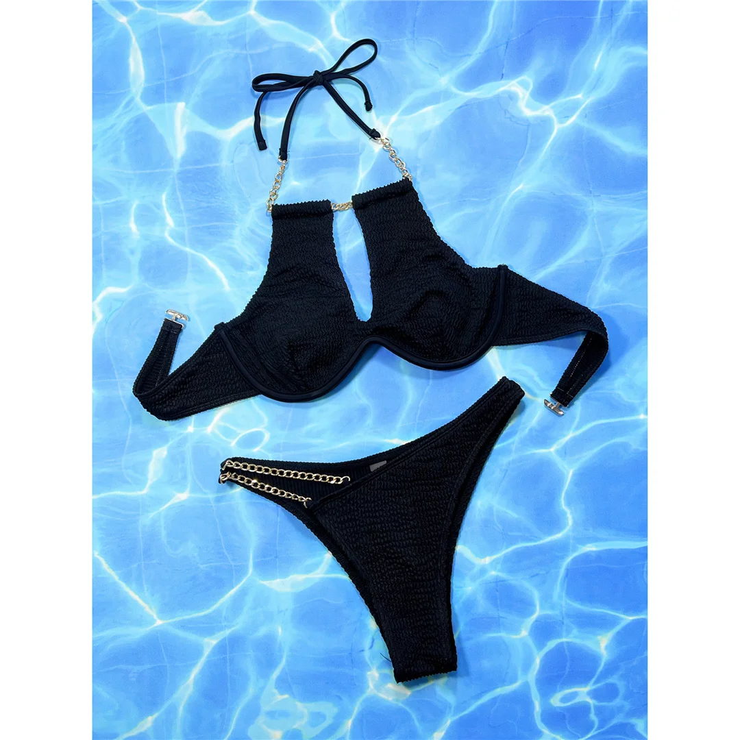 Gefalteter, ausgeschnittener Neckholder-Bikini mit Bügel, Damen-Badeanzug, zweiteiliger Bikini-Set, Badebekleidung, Badeanzug, Schwimmanzug V4620 – Detail 8