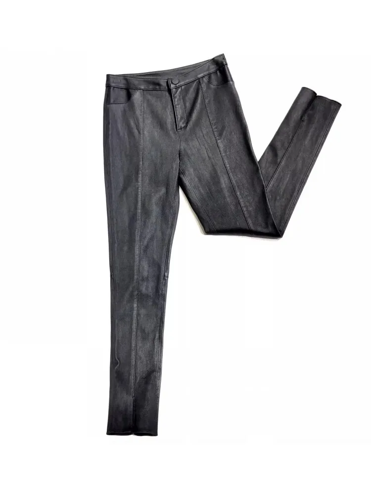New Women Sheepskin Genuine Leather Pencil Pants Spring Autumn Slim Fit Stretchy Ankle Length Trousers Leather Motorcycle Pants - Image 5
