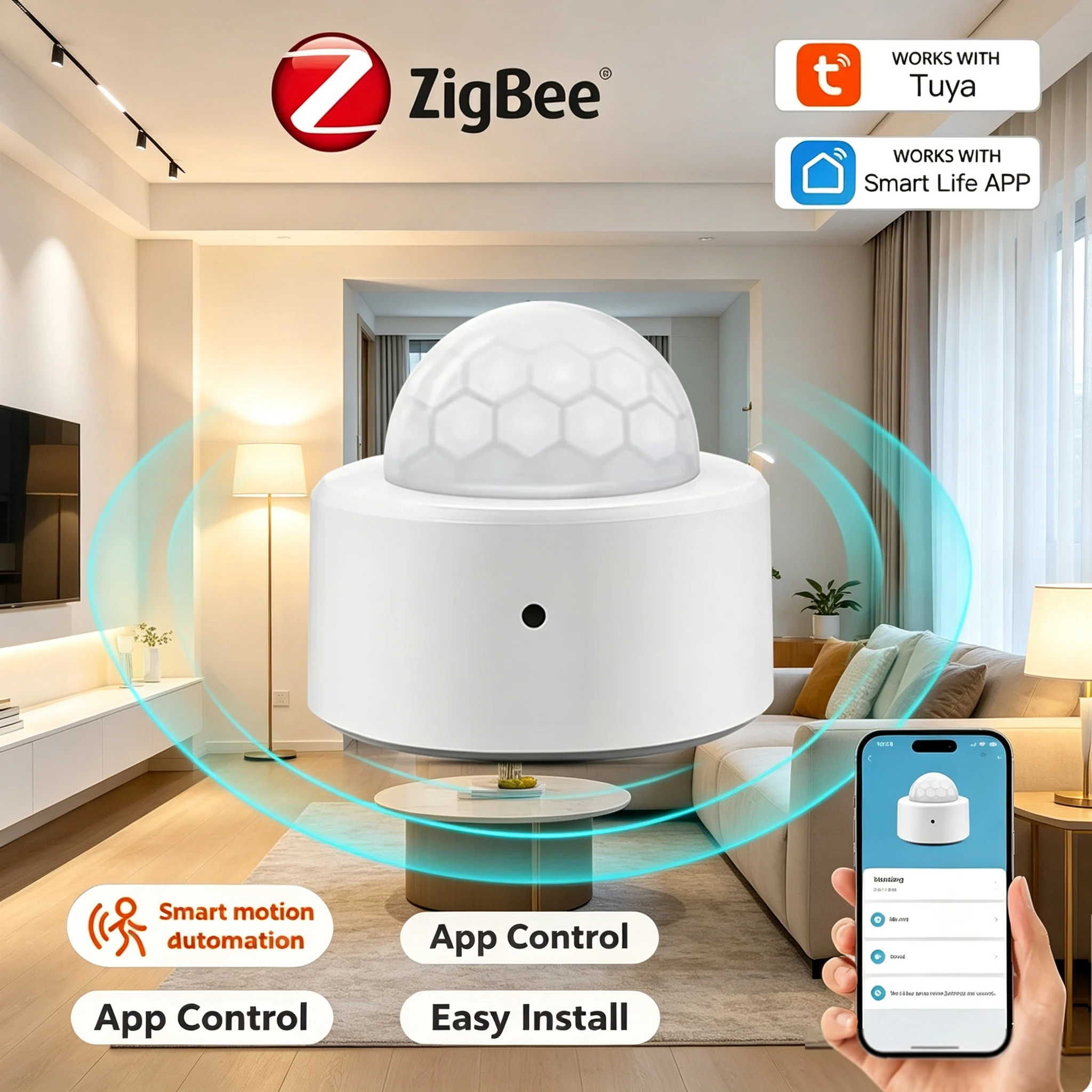 Tuya Zigbee Mini PIR Motion Sensor,WORK WITH Smart Life APP,Human Infrared Movement Detector,Real‑time Phone Push Alert,Smart Ho
