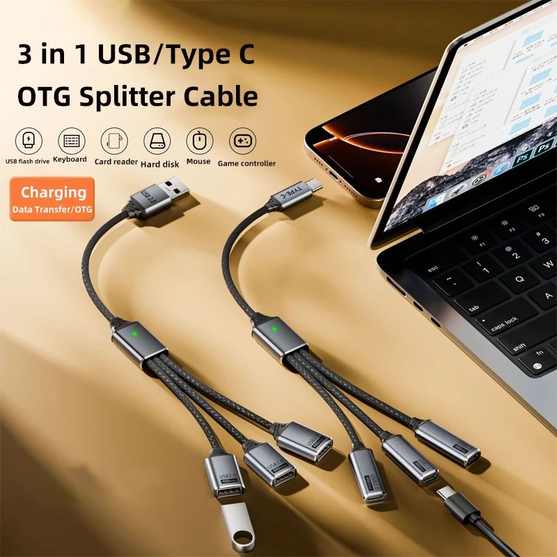 

3 in 1 USB Type C OTG Splitter Cable USB C to USB Connector Type C Male to USB2.0 Female Extension Cord Adapter for Laptop Phone