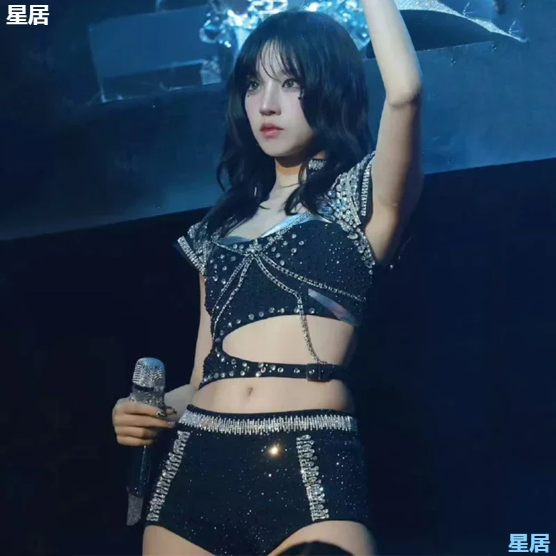 Frauen Gruppe Kpop Jazz Dance Outfits Strass Tops Enge Shorts Sexy Tanz Kostüm Nachtclub Dj Sänger Bühne Zeigen Clubwear