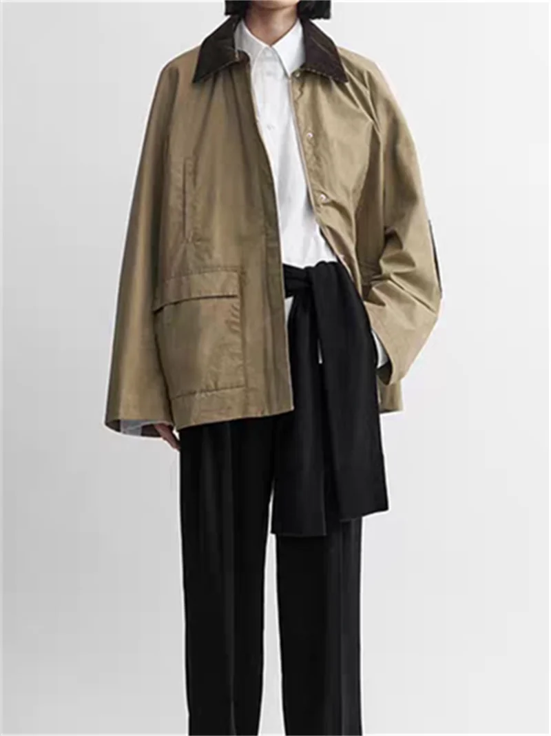 100% Cotton Women Khaki Fashion Jacket 2026 Autumn New Long Sleeve Splices Lapel Loose Patch Decoration Lady Temperament Coat