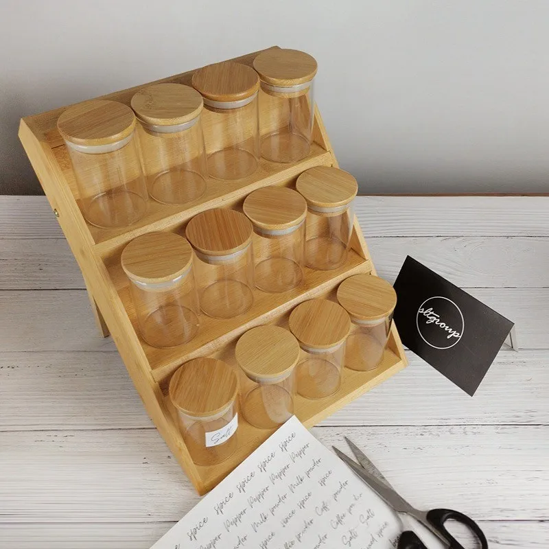 IALJ-Glass Spice Jars Set-12-Pieces With Bamboo Stand And Labels-Minimalist Kitchen Storage Solution Organizer