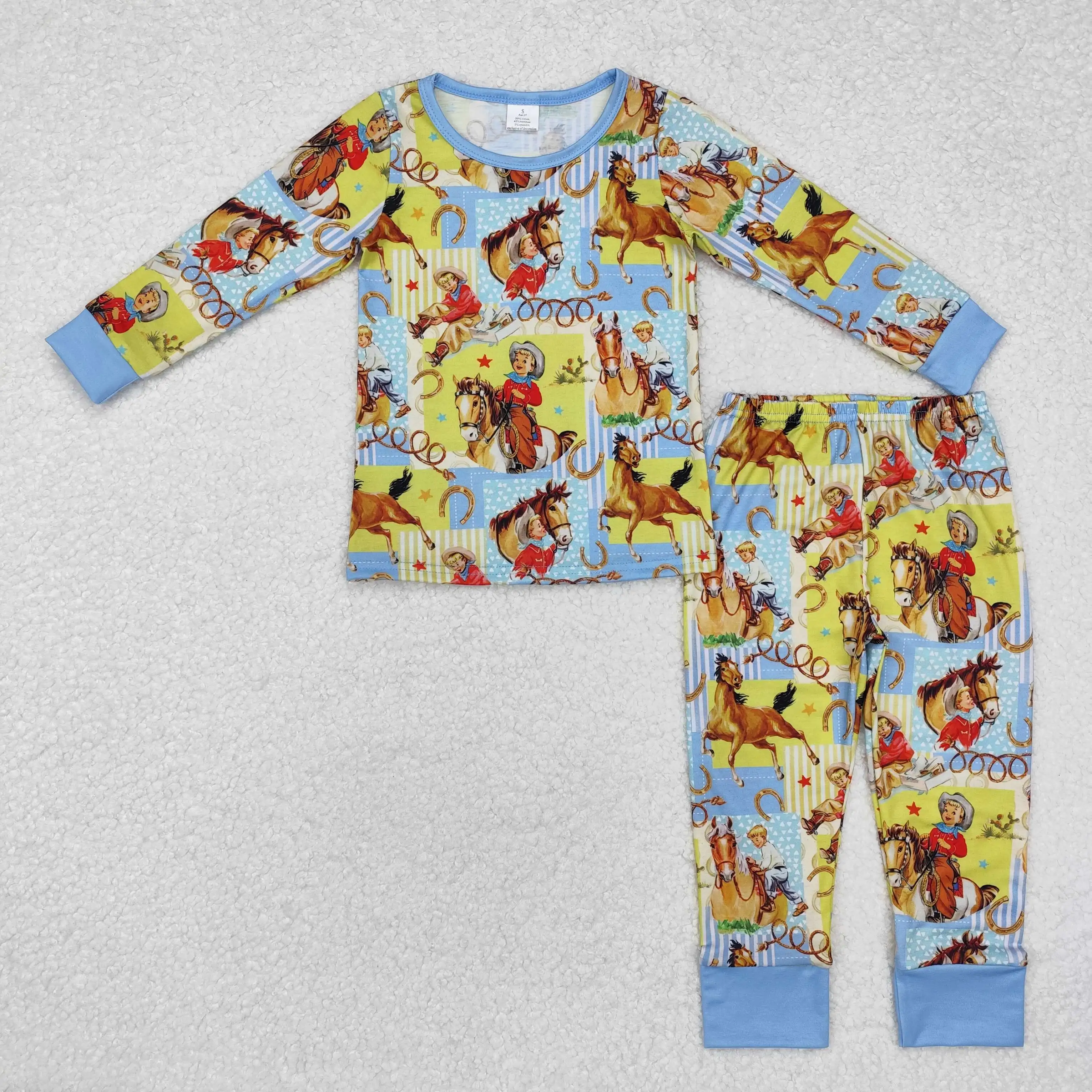 NEW RTS infant boys fall horse blue pajamas set wholesale boutique bamboo boys sleepwear clothing