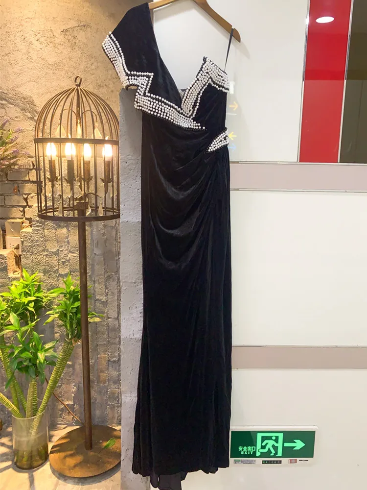 2022 elegante vestido de festa do clube da noite das mulheres verão sexy um ombro com miçangas cravejado preto split maxi longo bodycon vestido