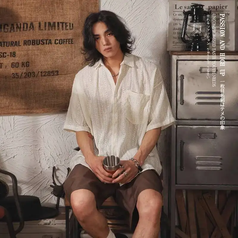 Men's Casual Shirts 2025 Summer Japanese Style Retro Design Hollow Out Short-Sleeve Shirt Ethnic Vibe Edgy Loose Casual Shirt