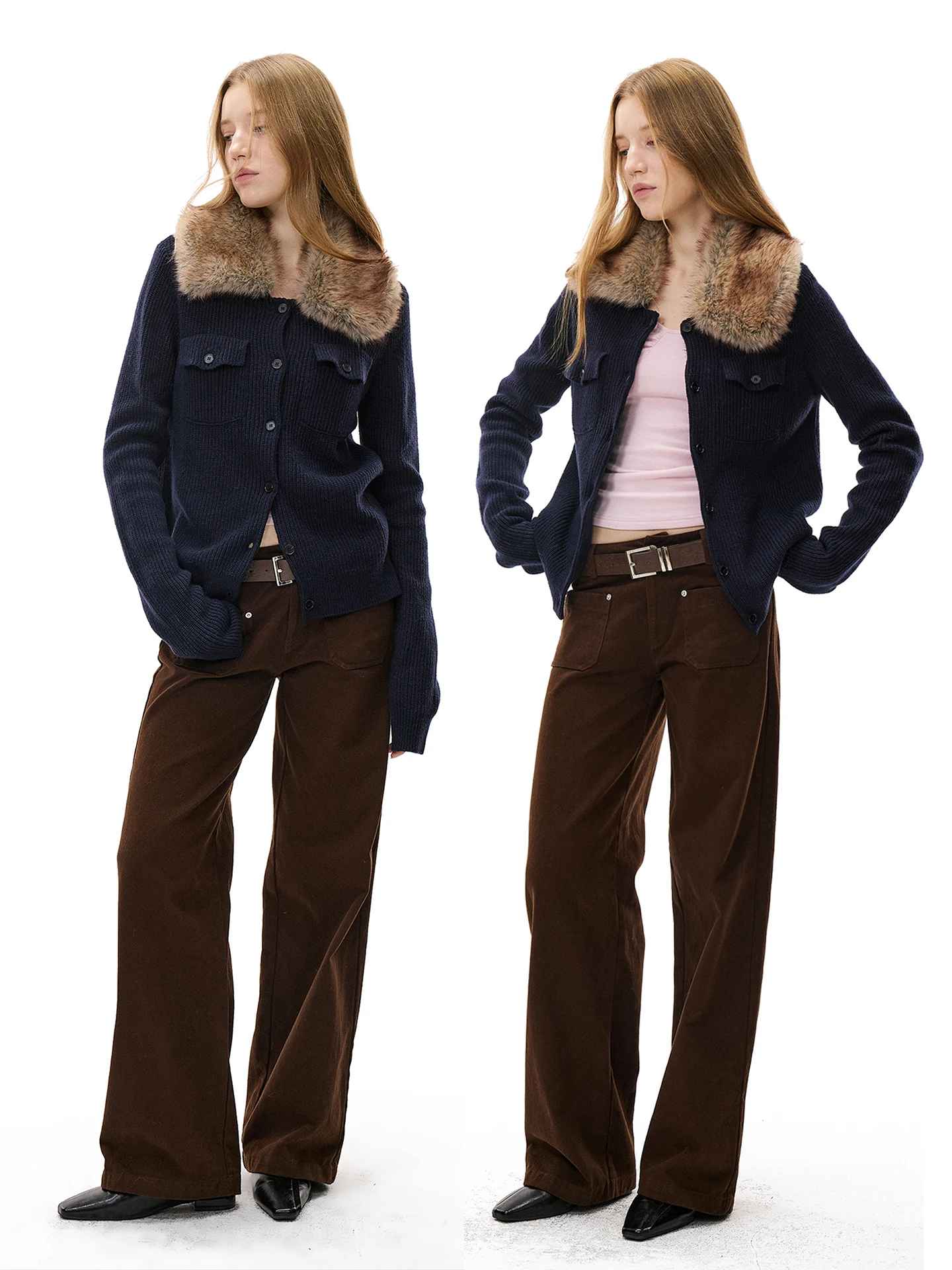 

Вязаный свитер-пальто в американском ретро-стиле с эффектом похудения для женщин, со съемным меховым воротником, свободного кроя, с длинными рукавами, зимняя верхняя одежда